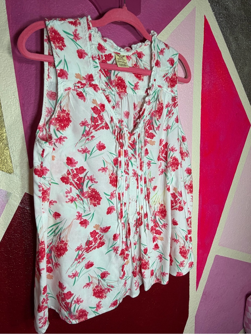 Faded Glory Pink Floral Sleeveless Pintuck Blouse Size L (12-14) - Picture 5 of 15